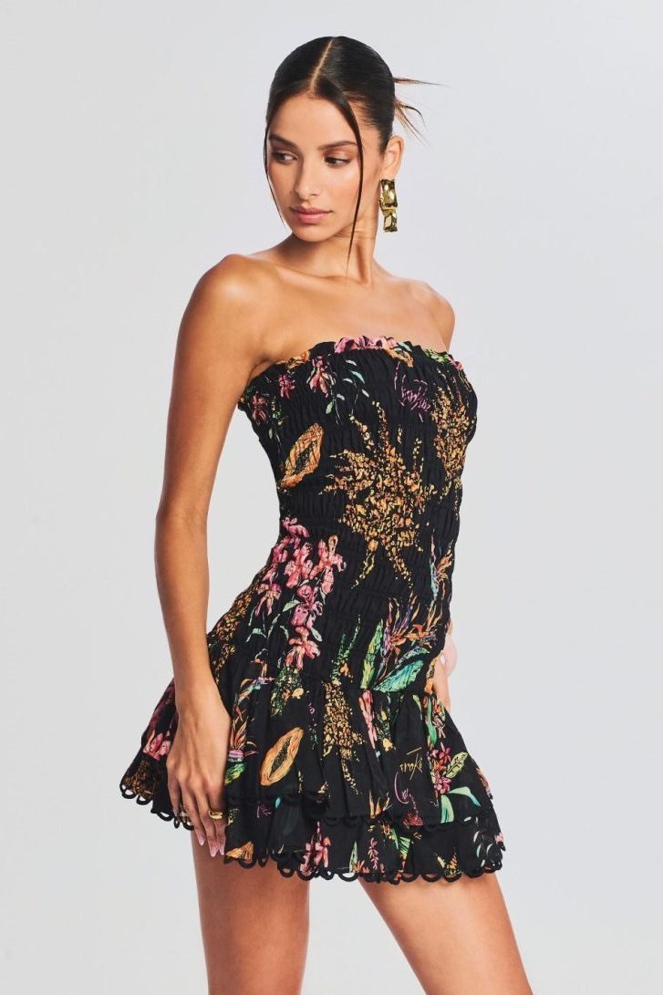 dresses-Rosa Shirred Printed Mini Dress-SD00601232182-Black-S - Sunfere