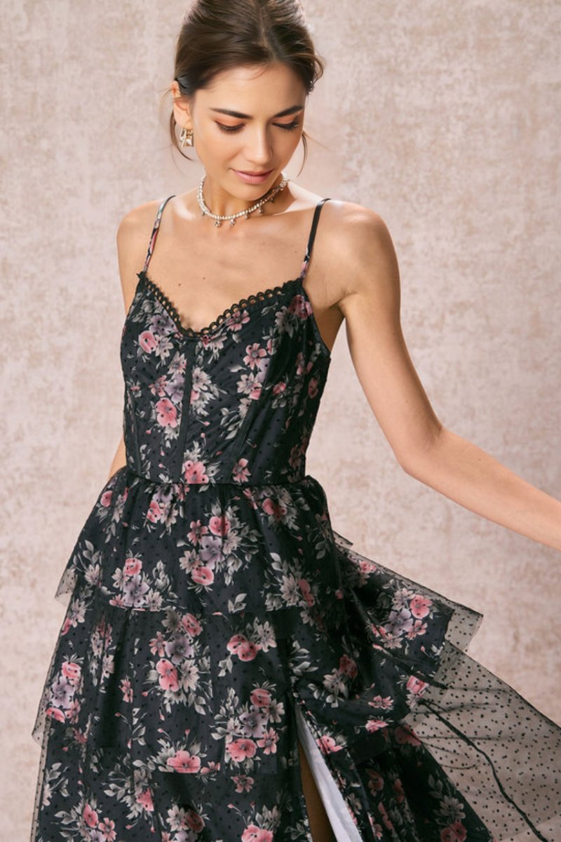 dresses-Sabrina Floral Tiered Slit Midi Dress-SD00603152437-Black-S - Sunfere