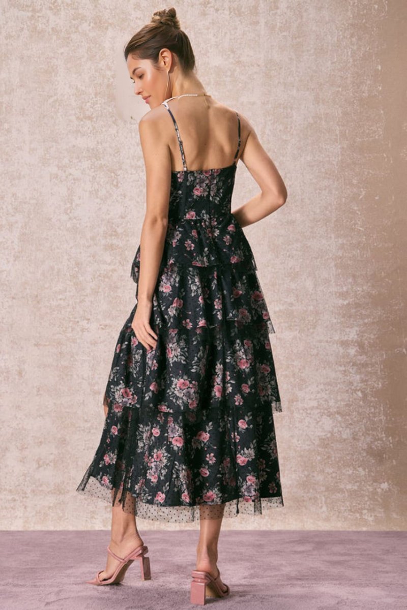 dresses-Sabrina Floral Tiered Slit Midi Dress-SD00603152437-Black-S - Sunfere