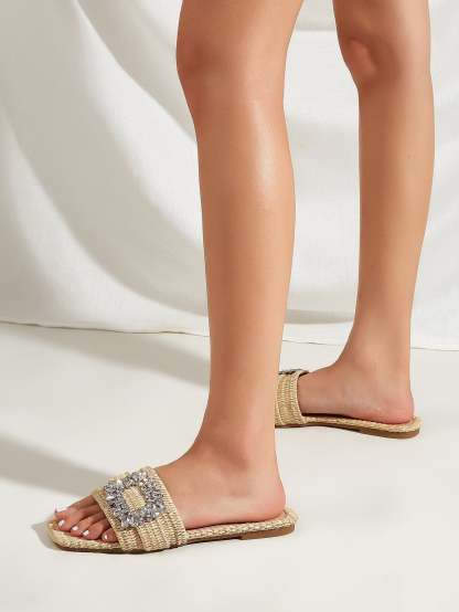 Sally Diamante Straw Slippers-Sunfere