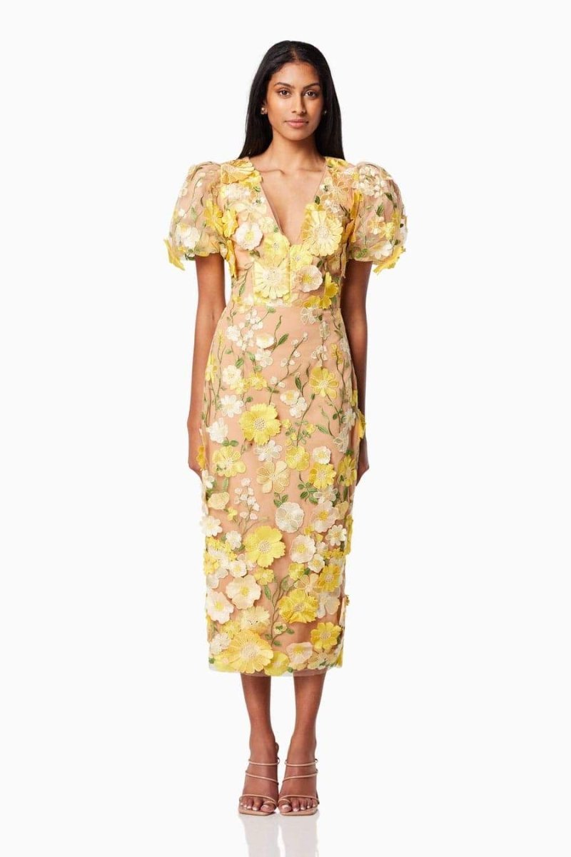 dresses-Sally V-neck Floral Midi Dress-SD00603152433-Yellow-S - Sunfere