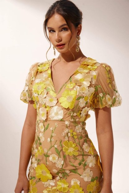 Sally V-neck Floral Embroidered Midi Dress | Garden Party