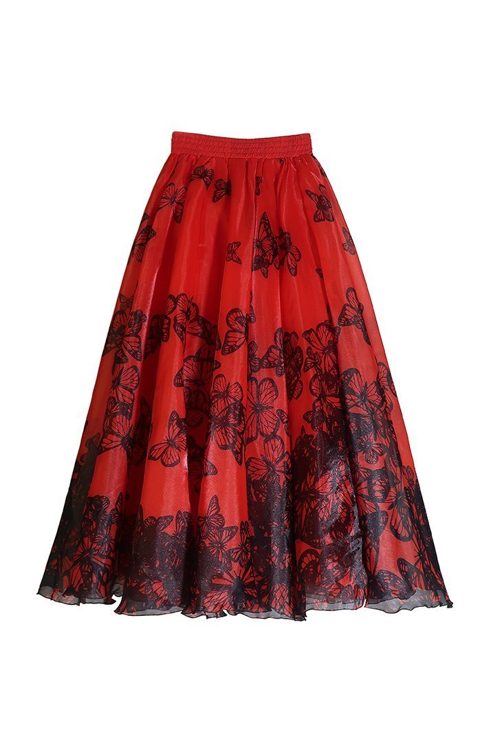 skirts-Samantha Butterfly Print Organza Midi Skirt-SB00203052426-Red-S - Sunfere
