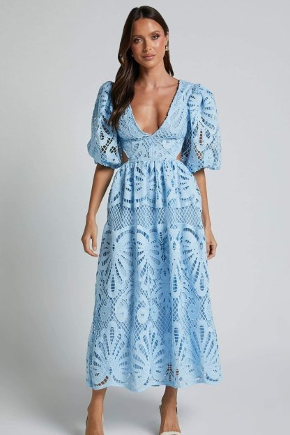 dresses-Sandra Embroidered Lace Cut-out Midi Dress-SD00604302756-Blue-S - Sunfere