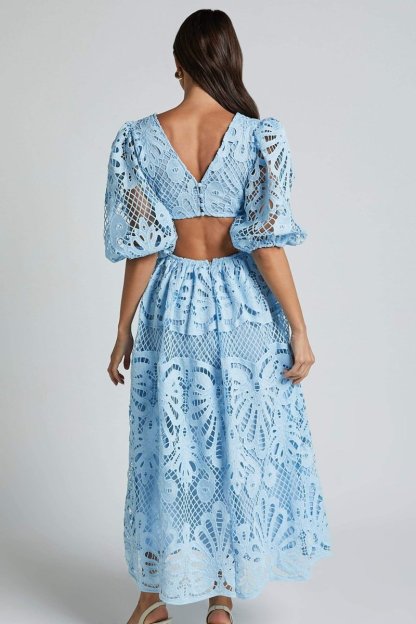 dresses-Sandra Embroidered Lace Cut-out Midi Dress-SD00604302756-Blue-S - Sunfere
