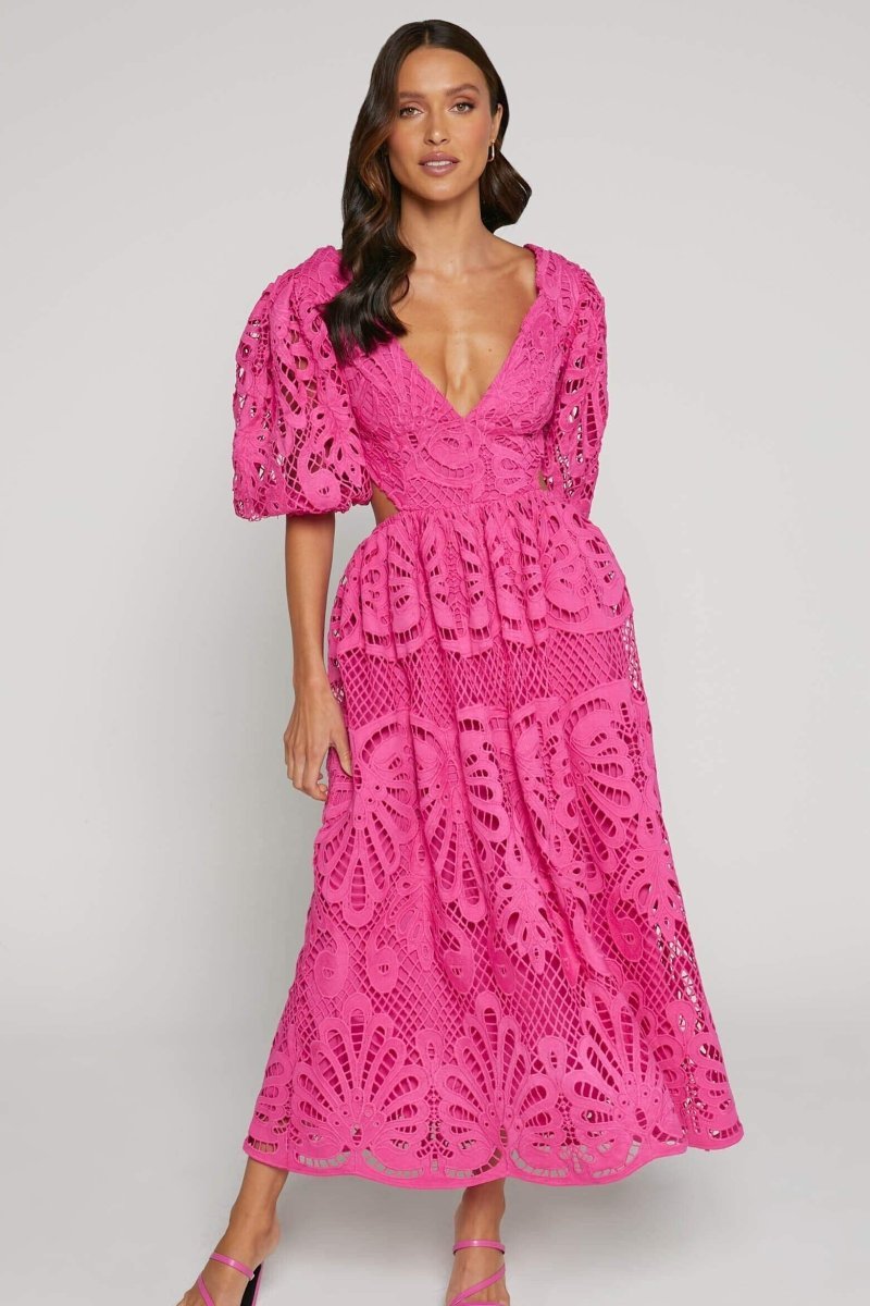 dresses-Sandra Embroidered Lace Cut-out Midi Dress-SD00604302756-Hot Pink-S - Sunfere