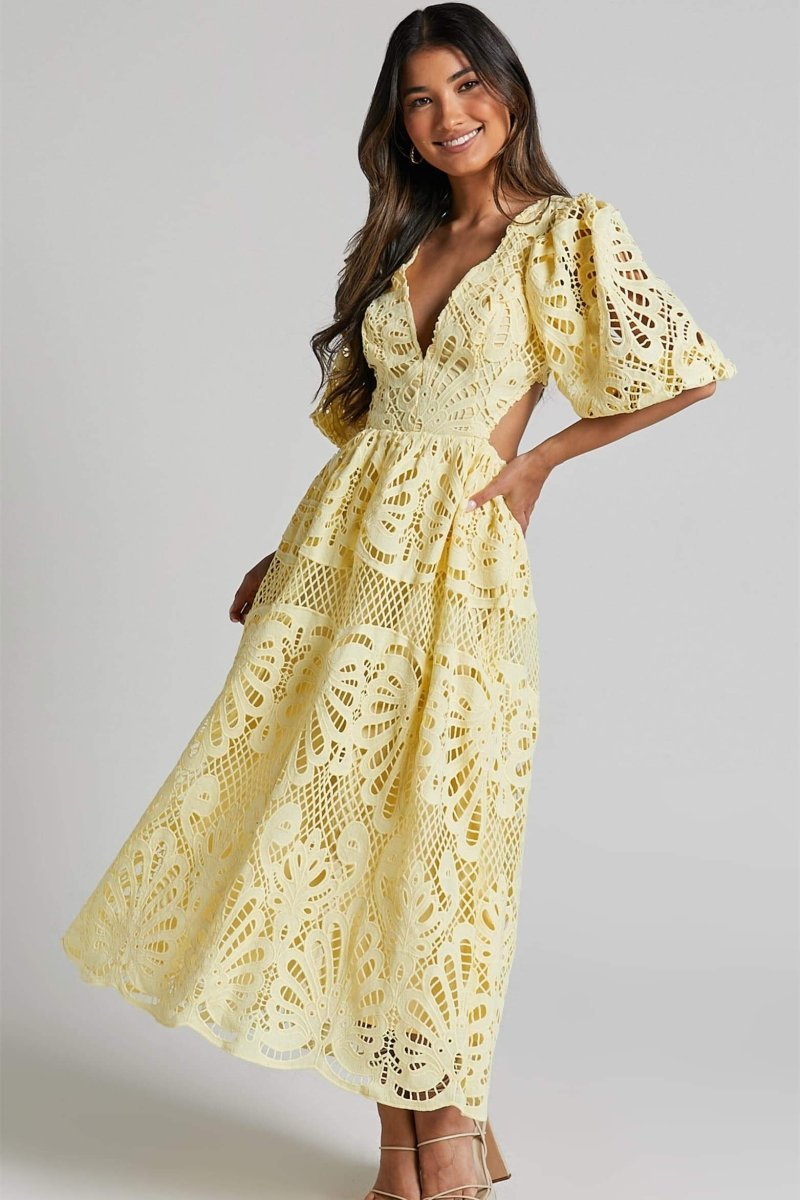 dresses-Sandra Embroidered Lace Cut-out Midi Dress-SD00604302756-Yellow-S - Sunfere