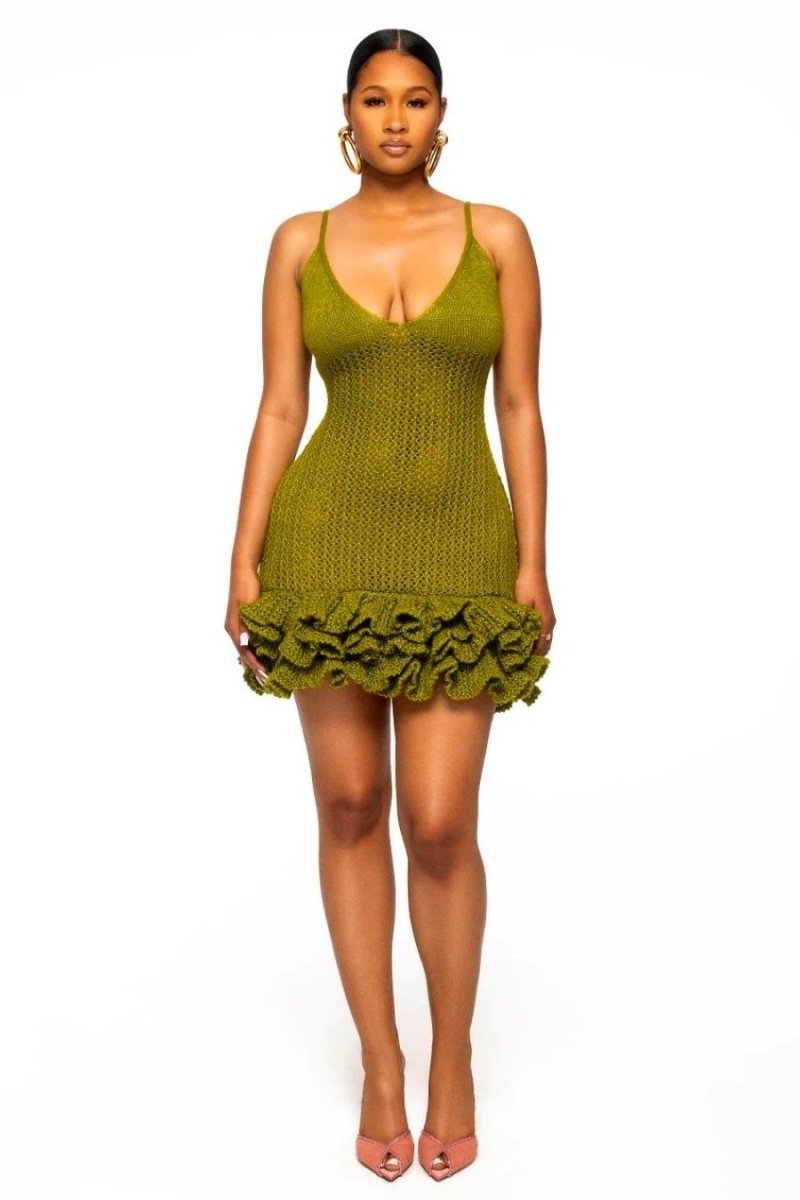 Sara V-neck Ruffle Hem Knit Mini Dress-Sunfere