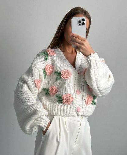 outerwear-Selena Rose Knit Sweater Cardigan-SO00601092107-Pink-One Size - Sunfere