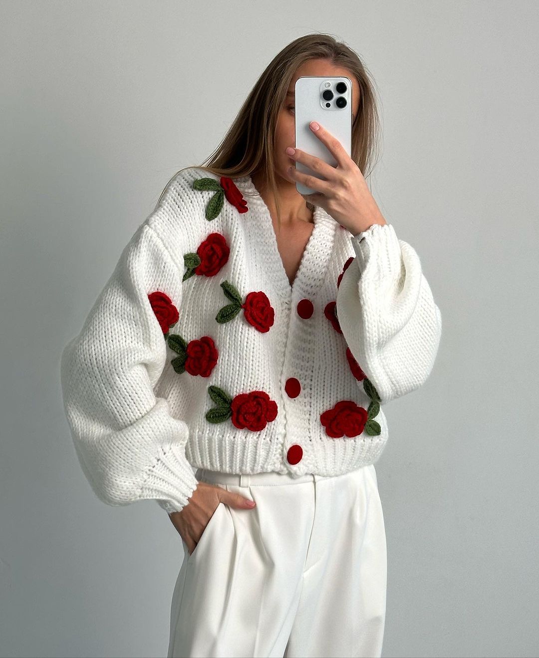 outerwear-Selena Rose Knit Sweater Cardigan-SO00601092107-Red-One Size - Sunfere