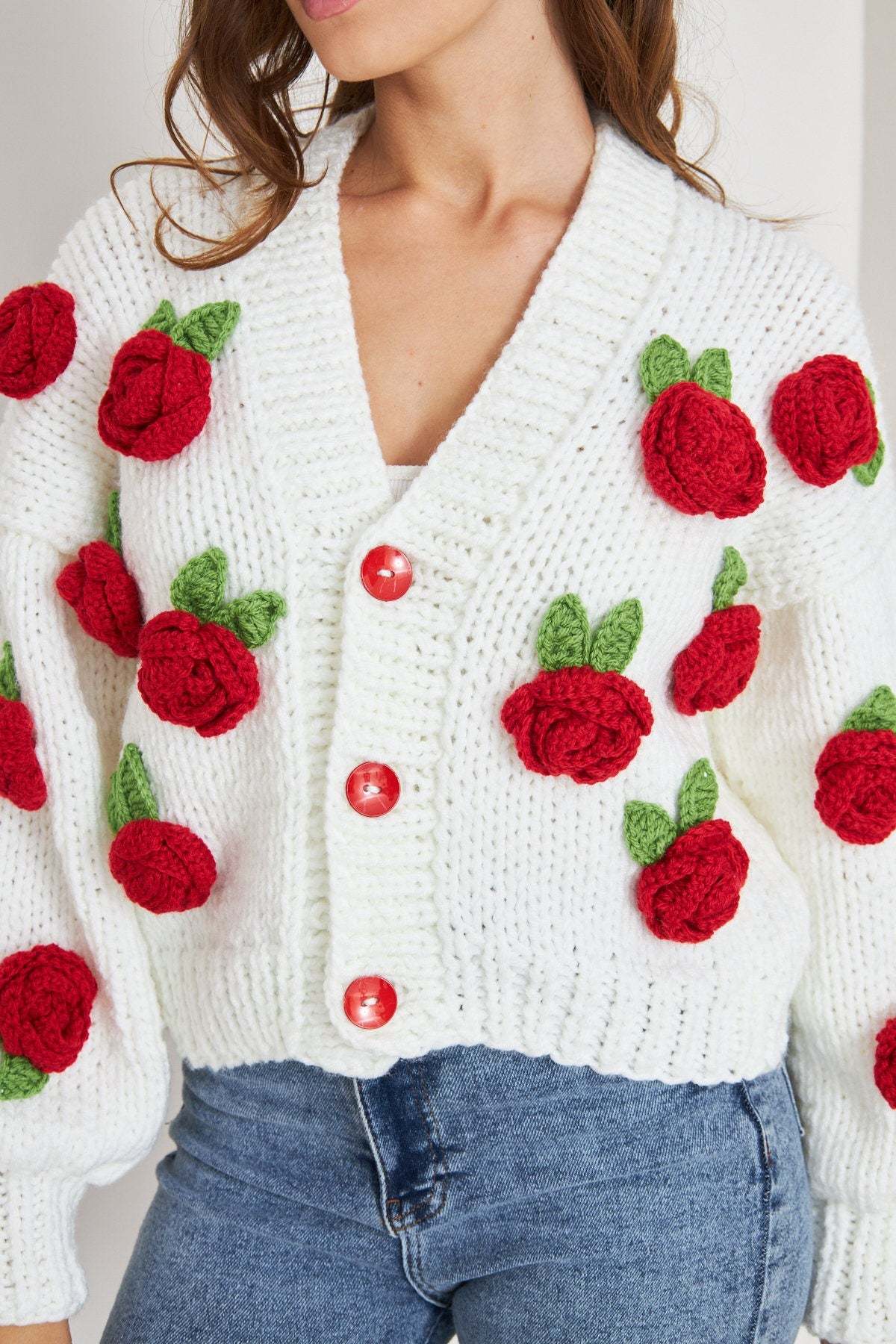 outerwear-Selena Rose Knit Sweater Cardigan-SO00601092107-Red-One Size - Sunfere