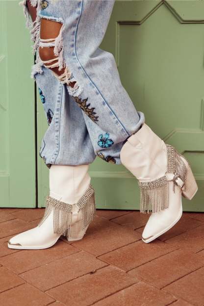 shoes-Serena Diamante Tassel Western Boots-SSH00203042392-White-37 - Sunfere