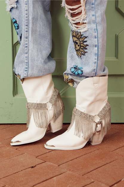 shoes-Serena Diamante Tassel Western Boots-SSH00203042392-White-37 - Sunfere