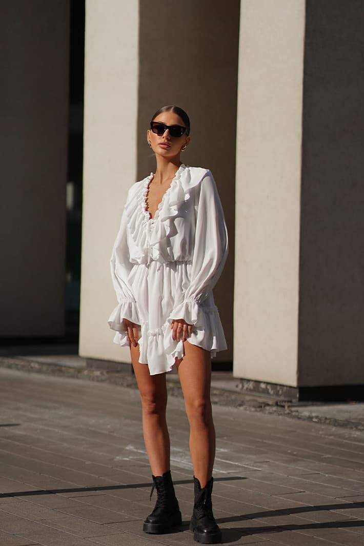 Sharon V-neck Ruffle Mini Dress-Sunfere – sunfere
