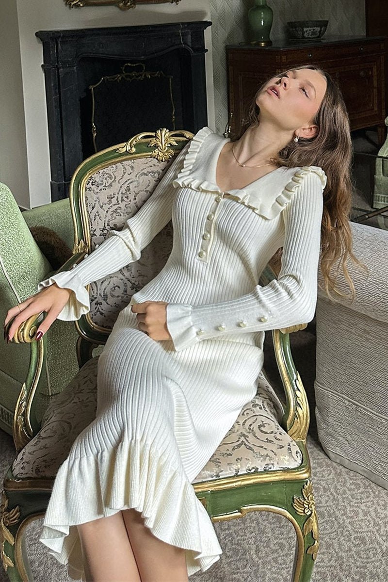 Sicily Ruffle Pearl Midi Knit Dress