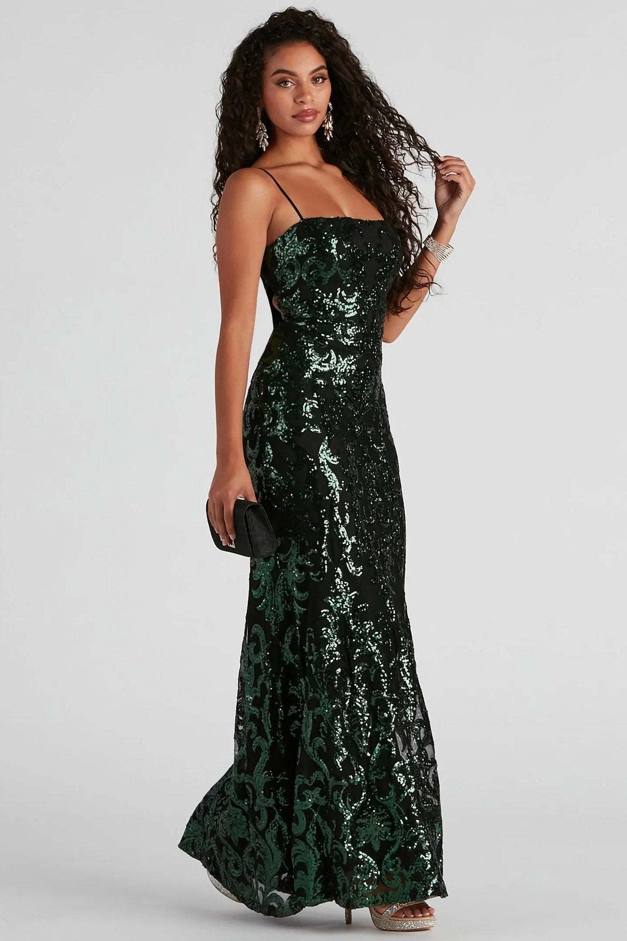 Sima Baroque Sequins Back Lace-up Maxi Dress-Sunfere