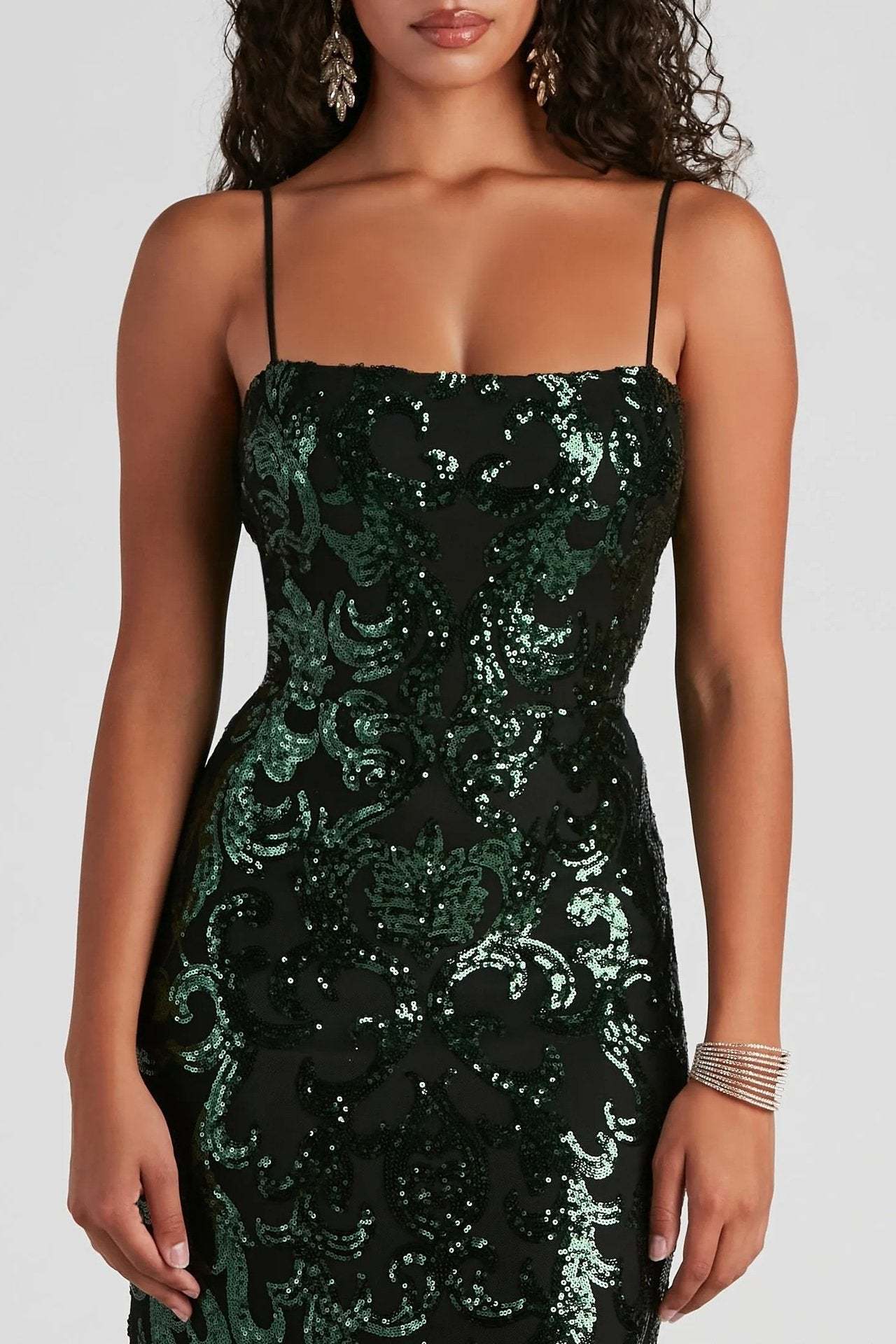 Sima Baroque Sequins Back Lace-up Maxi Dress-Sunfere