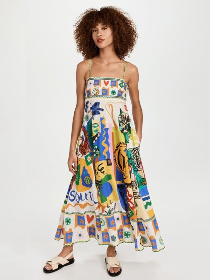 dresses-Soler Printed High Waisted Midi Sun Dress-SD0020516072-Multi-S - Sunfere