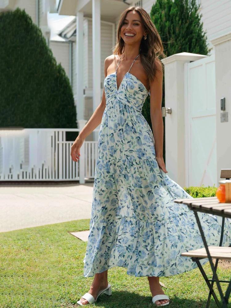 dresses-Sue Floral Printed Halterneck Maxi Sundress-SD0020516107-Blue-S - Sunfere