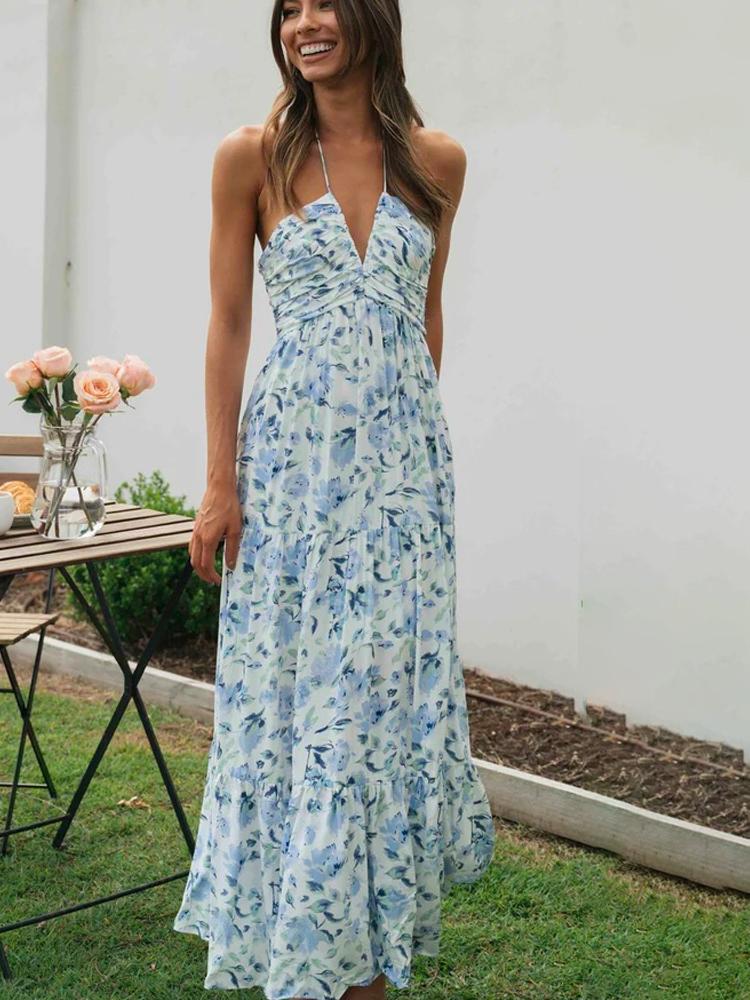 Sue Floral Printed Halterneck Maxi Sundress-Sunfere