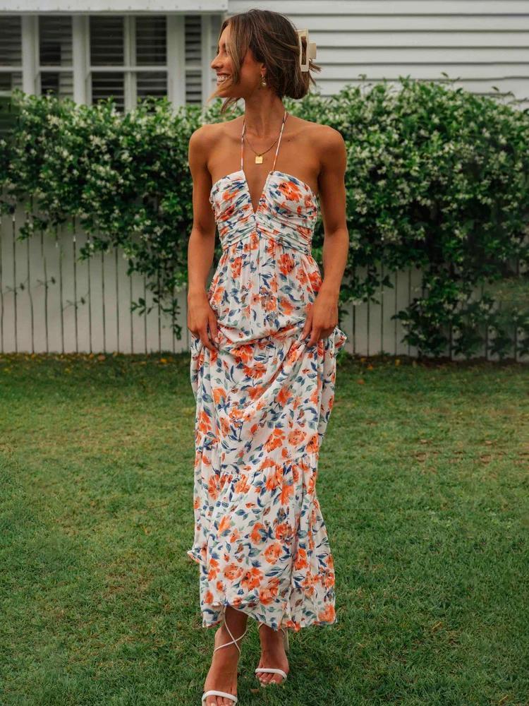 Sue Floral Printed Halterneck Maxi Sundress-Sunfere