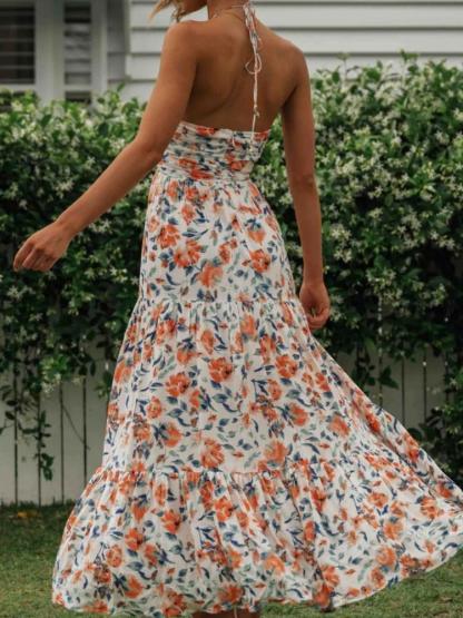 dresses-Sue Floral Printed Halterneck Maxi Sundress-SD0020516107-Orange-S - Sunfere