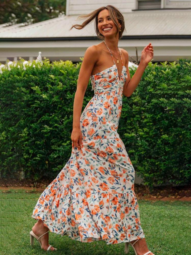 Sue Floral Printed Halterneck Maxi Sundress-Sunfere Sue Floral Printed Halterneck Maxi Sundress-Sunfere
