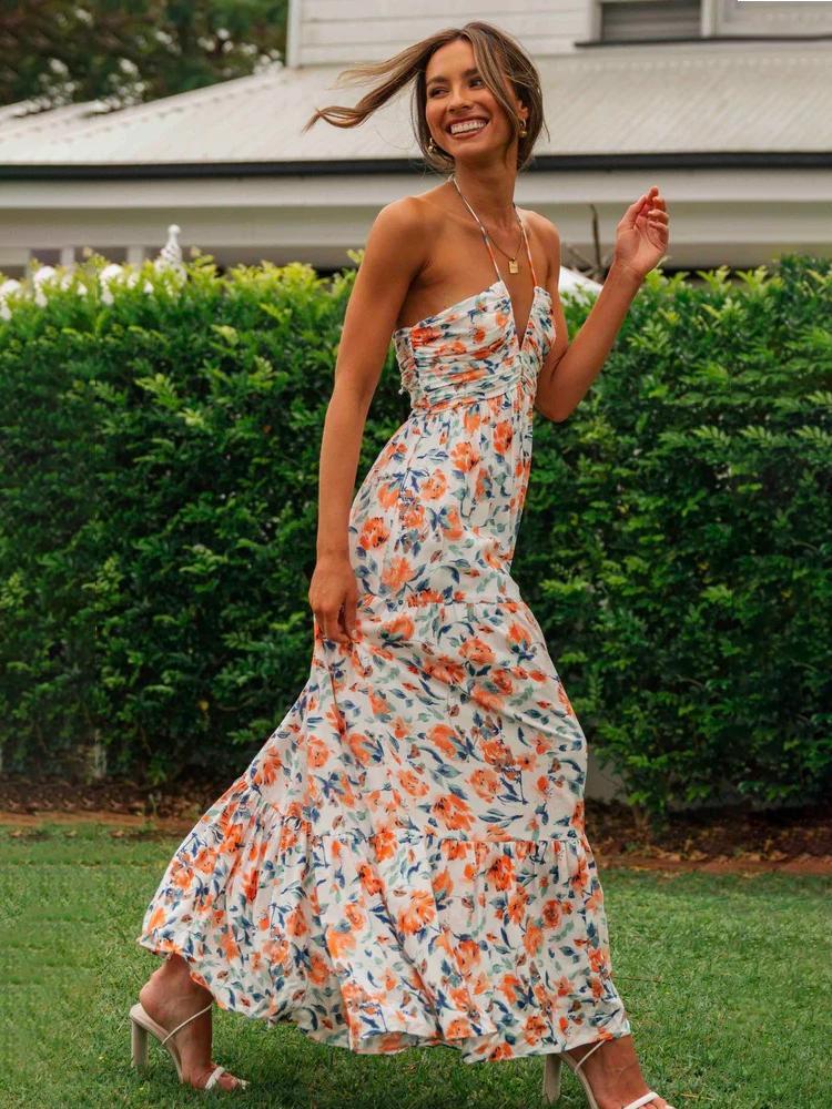 Sue Floral Printed Halterneck Maxi Sundress-Sunfere