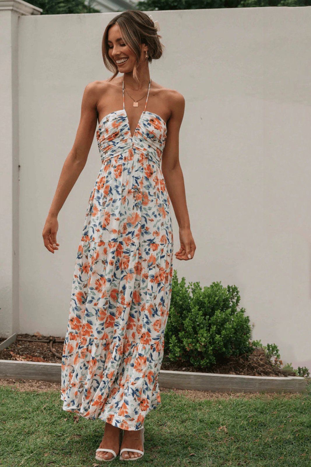 dresses-Sue Floral Printed Halterneck Maxi Sundress-SD0020516107-Orange-S - Sunfere