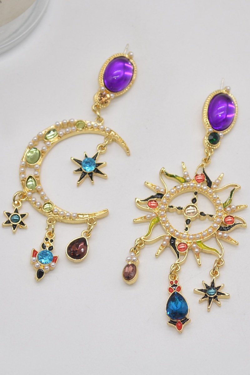 accessories-Sun & Moon Asymmetric Long Dangle Earrings-SA00602262321-Gold - Sunfere
