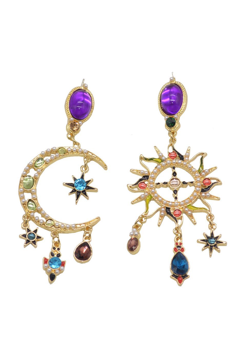accessories-Sun & Moon Asymmetric Long Dangle Earrings-SA00602262321-Gold - Sunfere