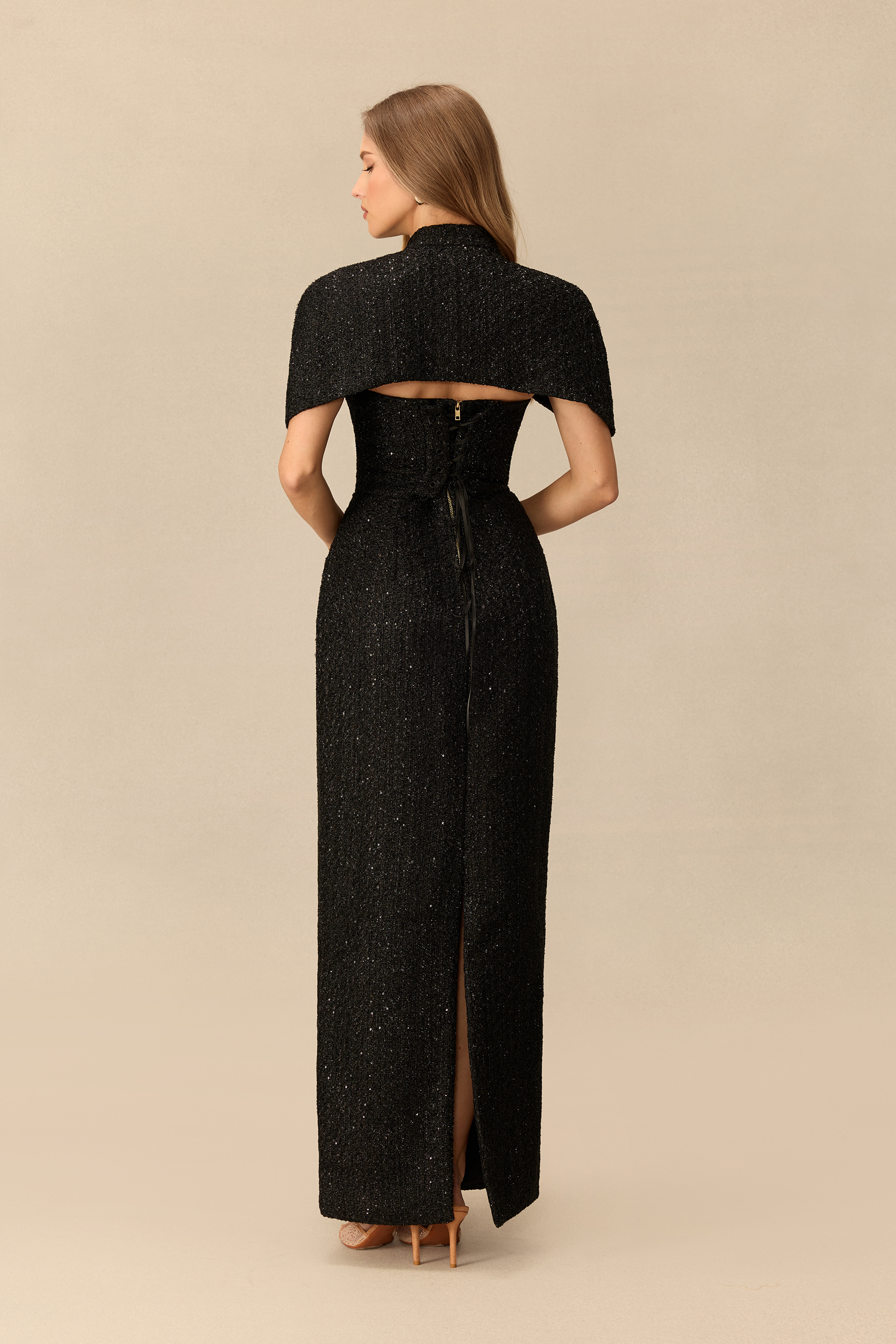 Under Her Spell Sweetheart Neckline Tweed Maxi Dress With Cape