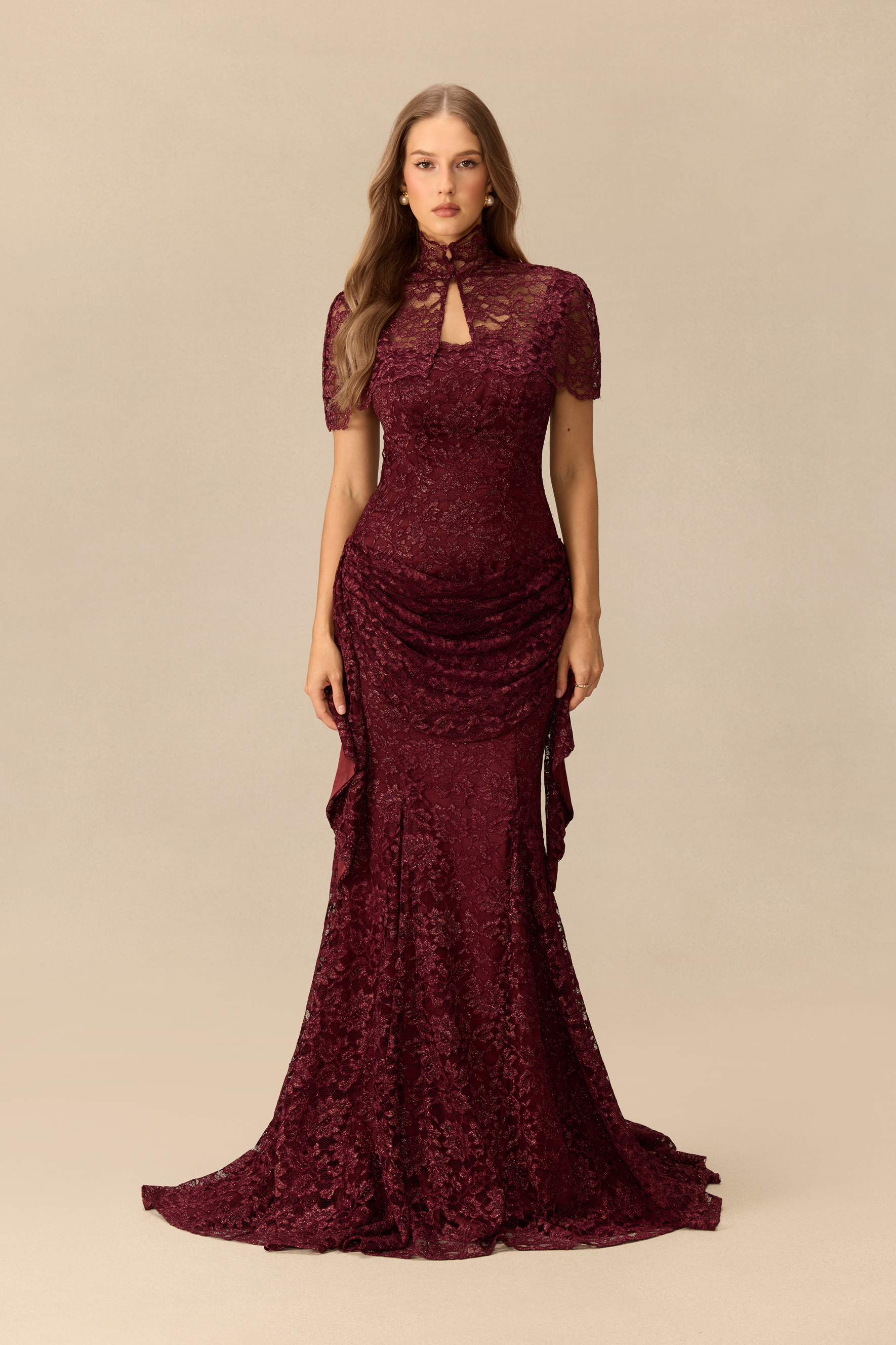 Simply Enchanting Lace Mermaid Maxi Dress & Cape Three-Piece Set