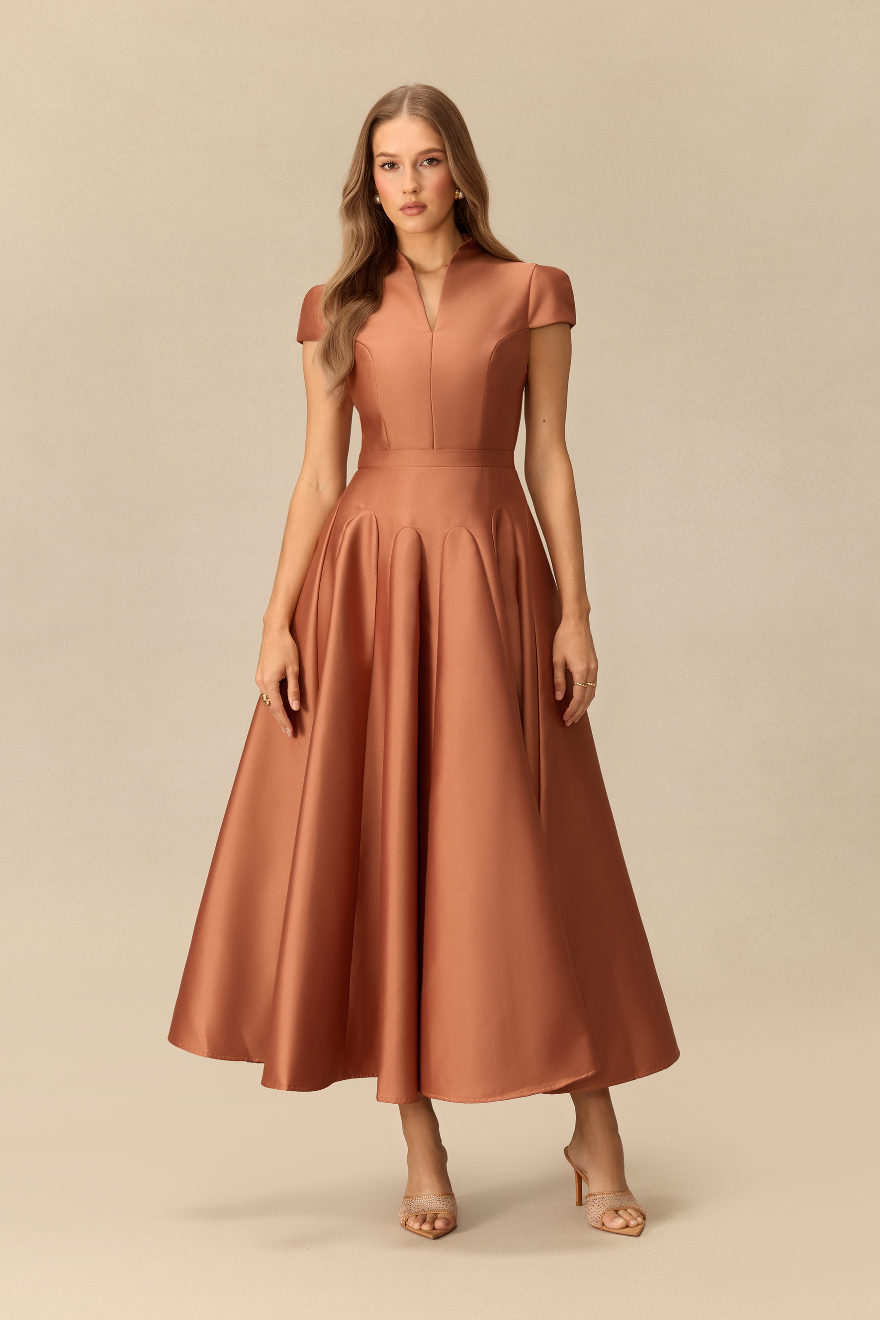 Falling Slowly Cap Sleeve V-Neck Satin Maxi Dress