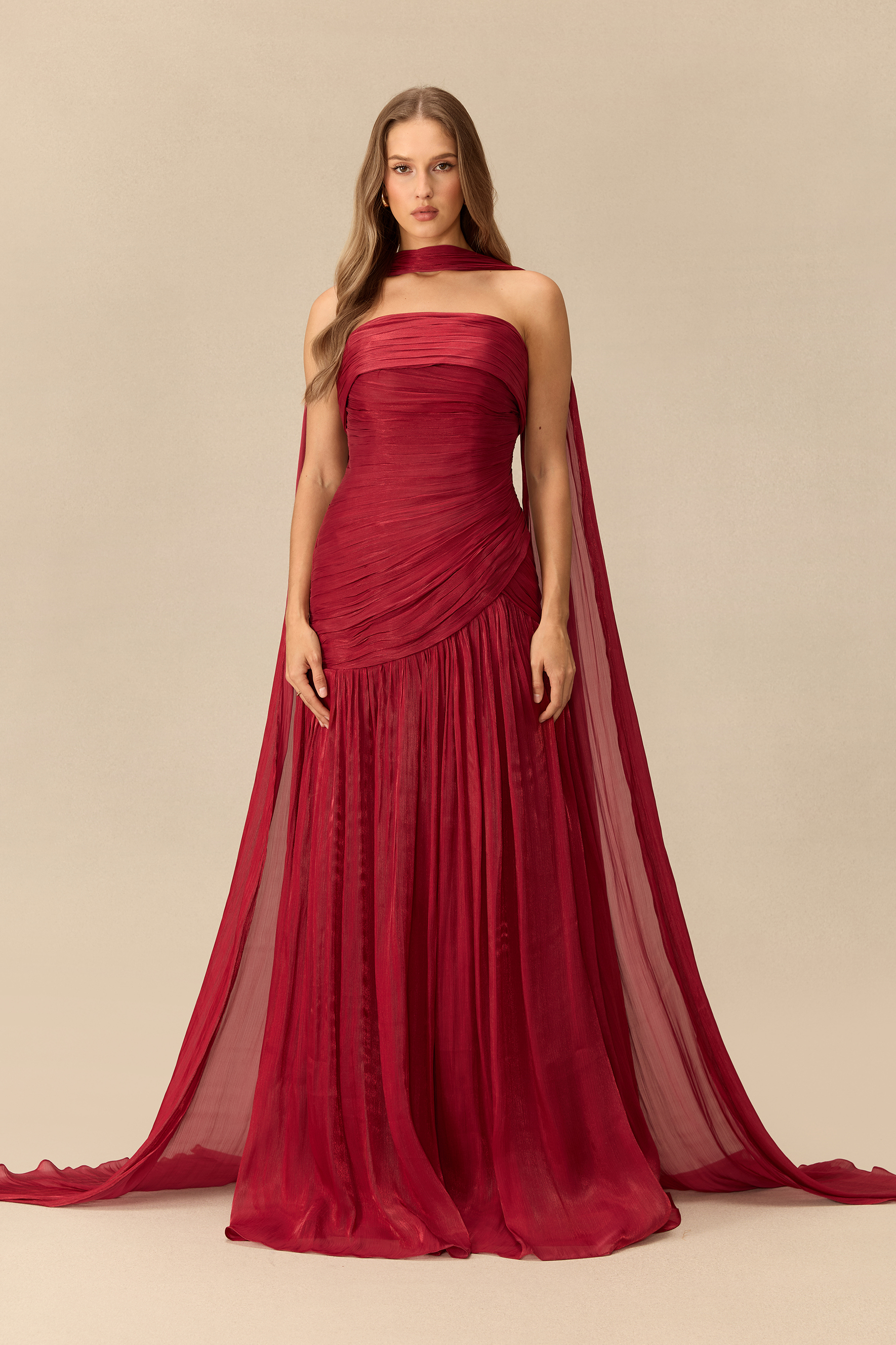 Night Of Enchantment Strapless Ruched Maxi Dress With Scarf