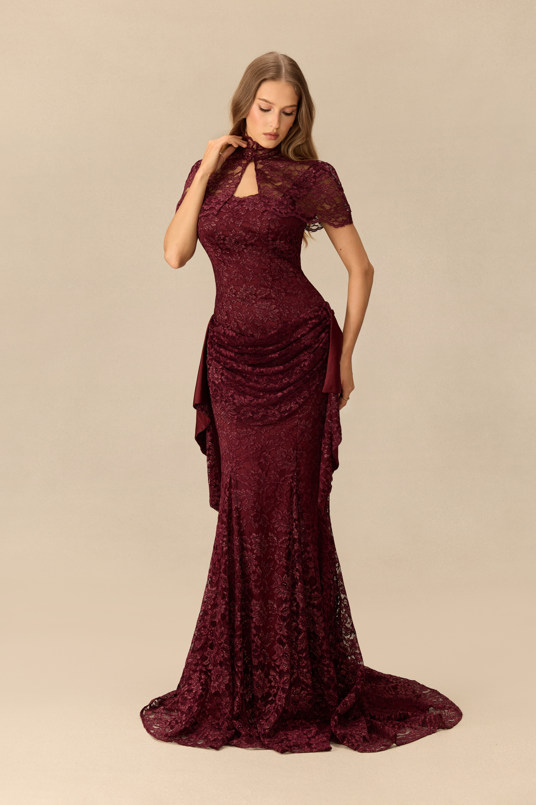 Simply Enchanting Lace Mermaid Maxi Dress & Cape Three-Piece Set