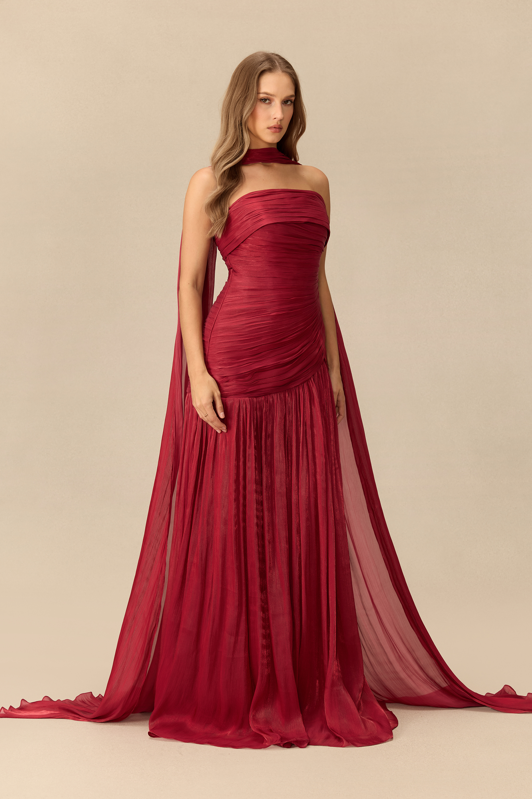 Night Of Enchantment Strapless Ruched Maxi Dress With Scarf