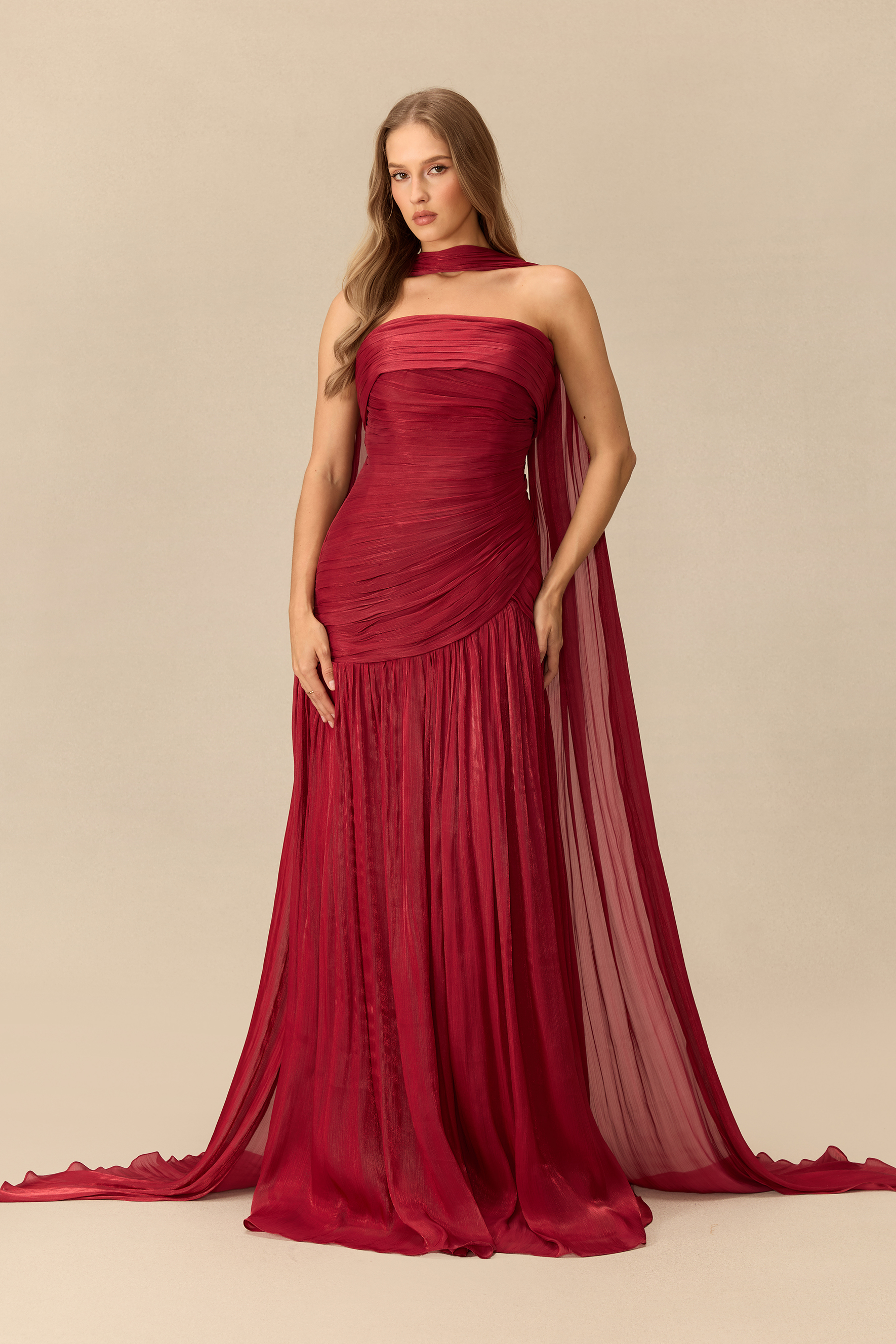 Night Of Enchantment Strapless Ruched Maxi Dress With Scarf