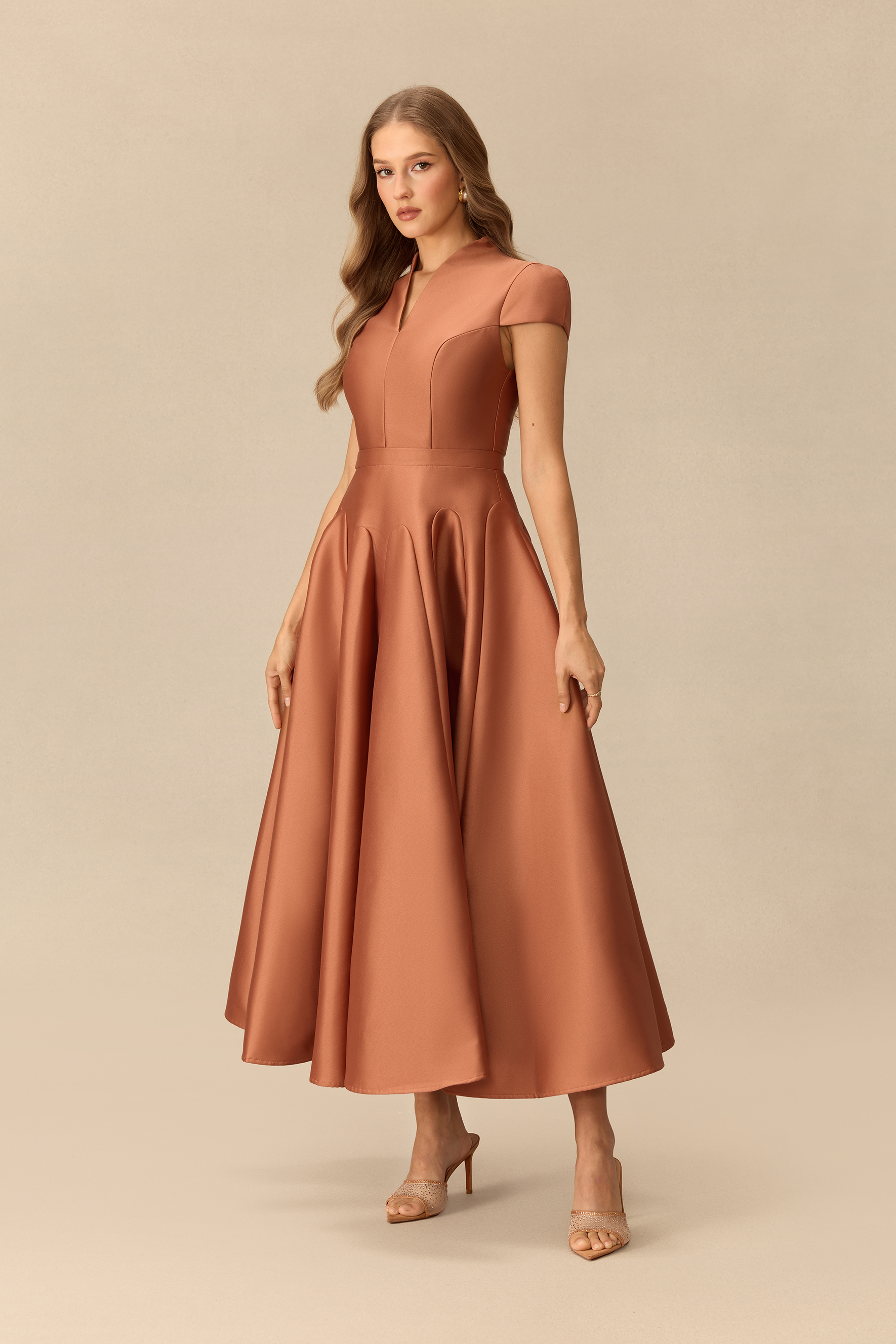 Falling Slowly Cap Sleeve V-Neck Satin Maxi Dress