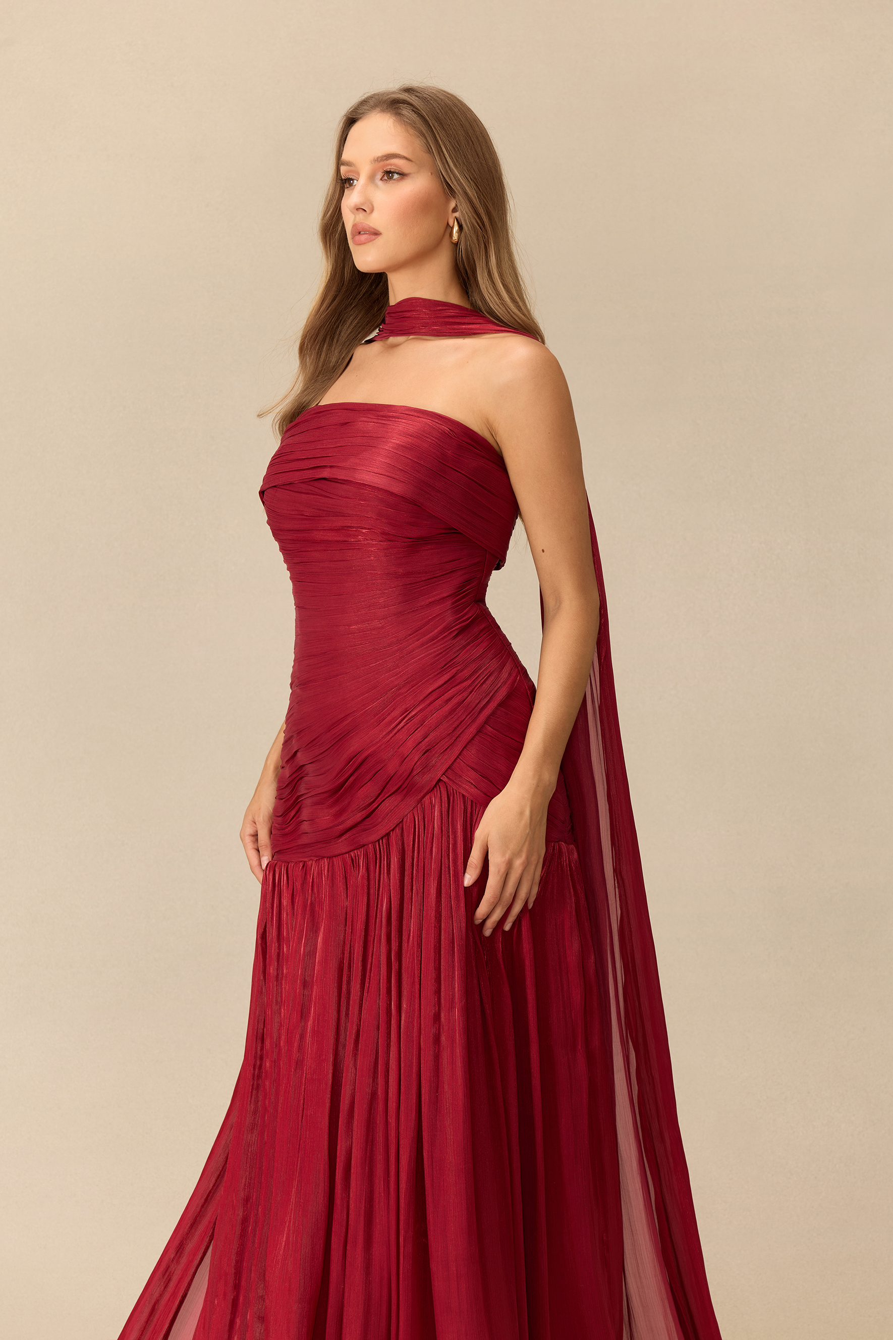 Night Of Enchantment Strapless Ruched Maxi Dress With Scarf
