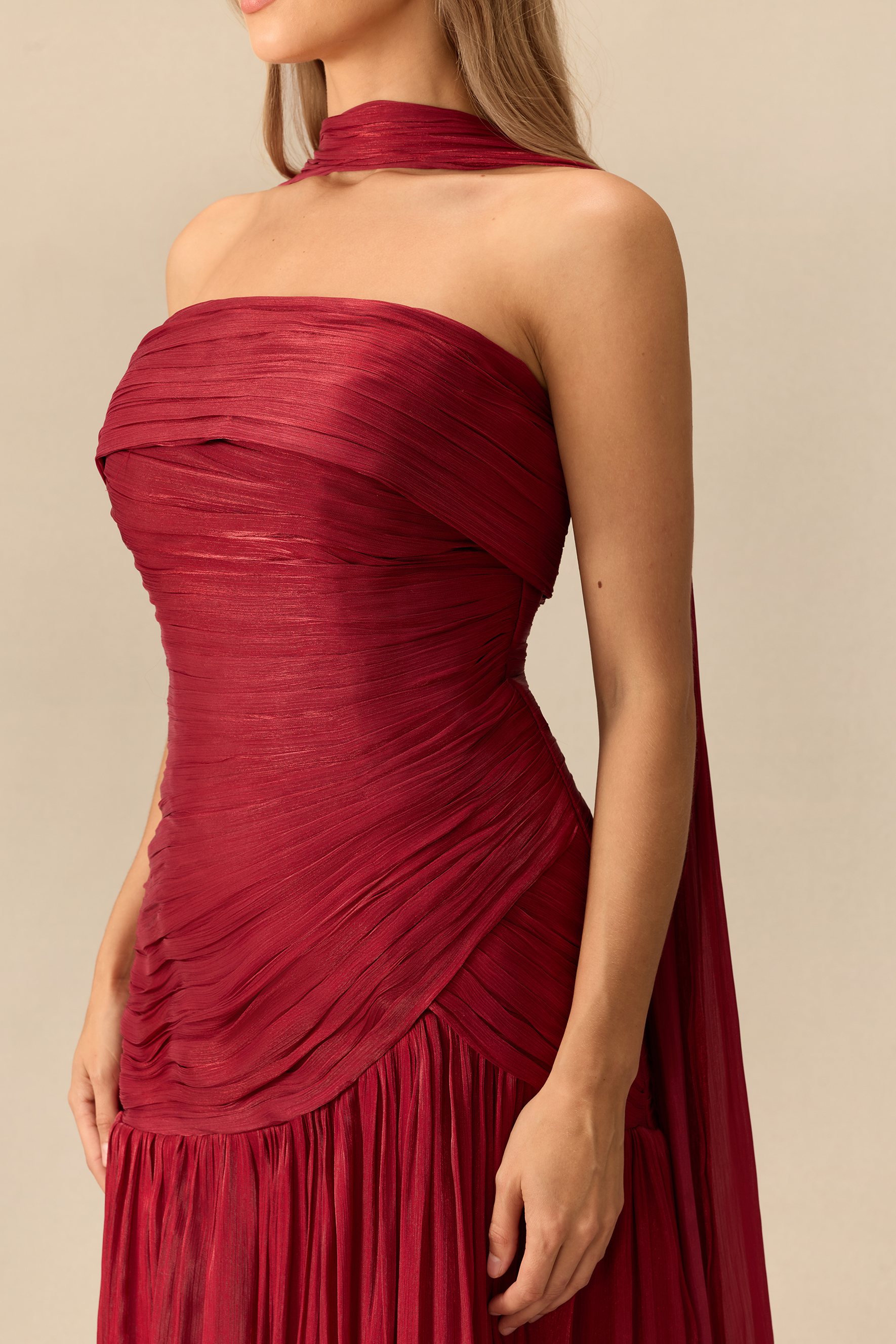 Night Of Enchantment Strapless Ruched Maxi Dress With Scarf