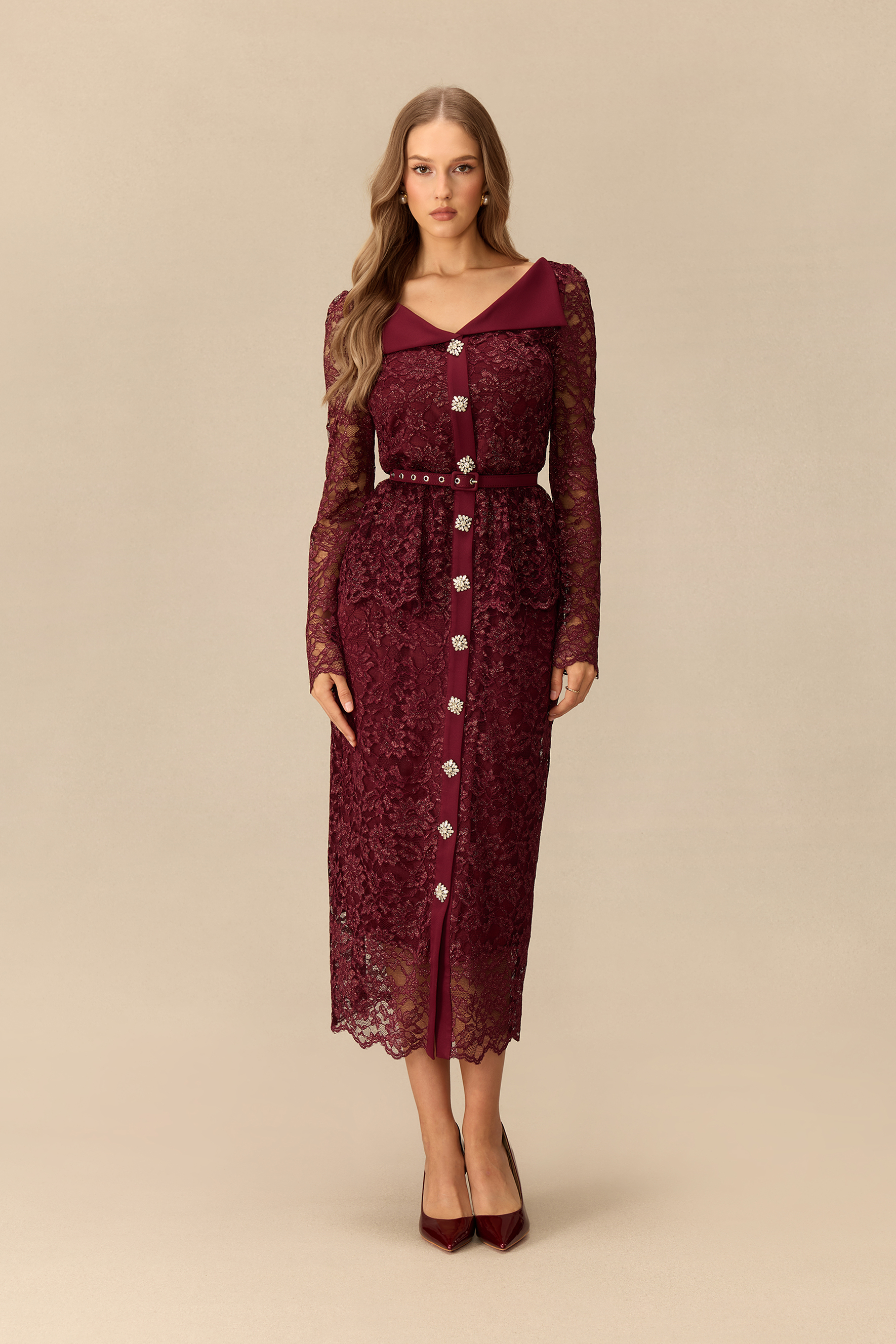 Timeless Appeal Floral Lace V Neck Midi Dress