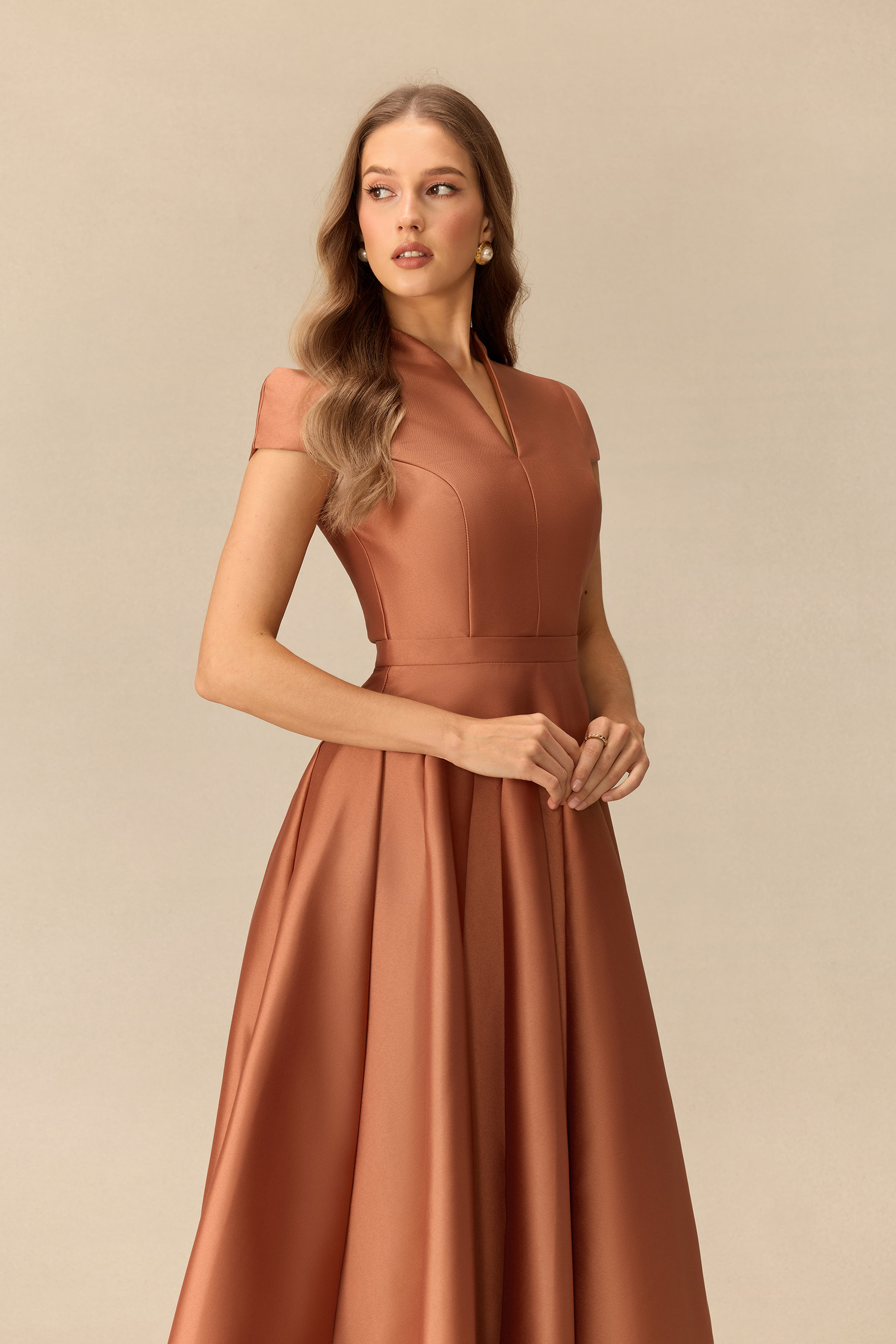 Falling Slowly Cap Sleeve V-Neck Satin Maxi Dress