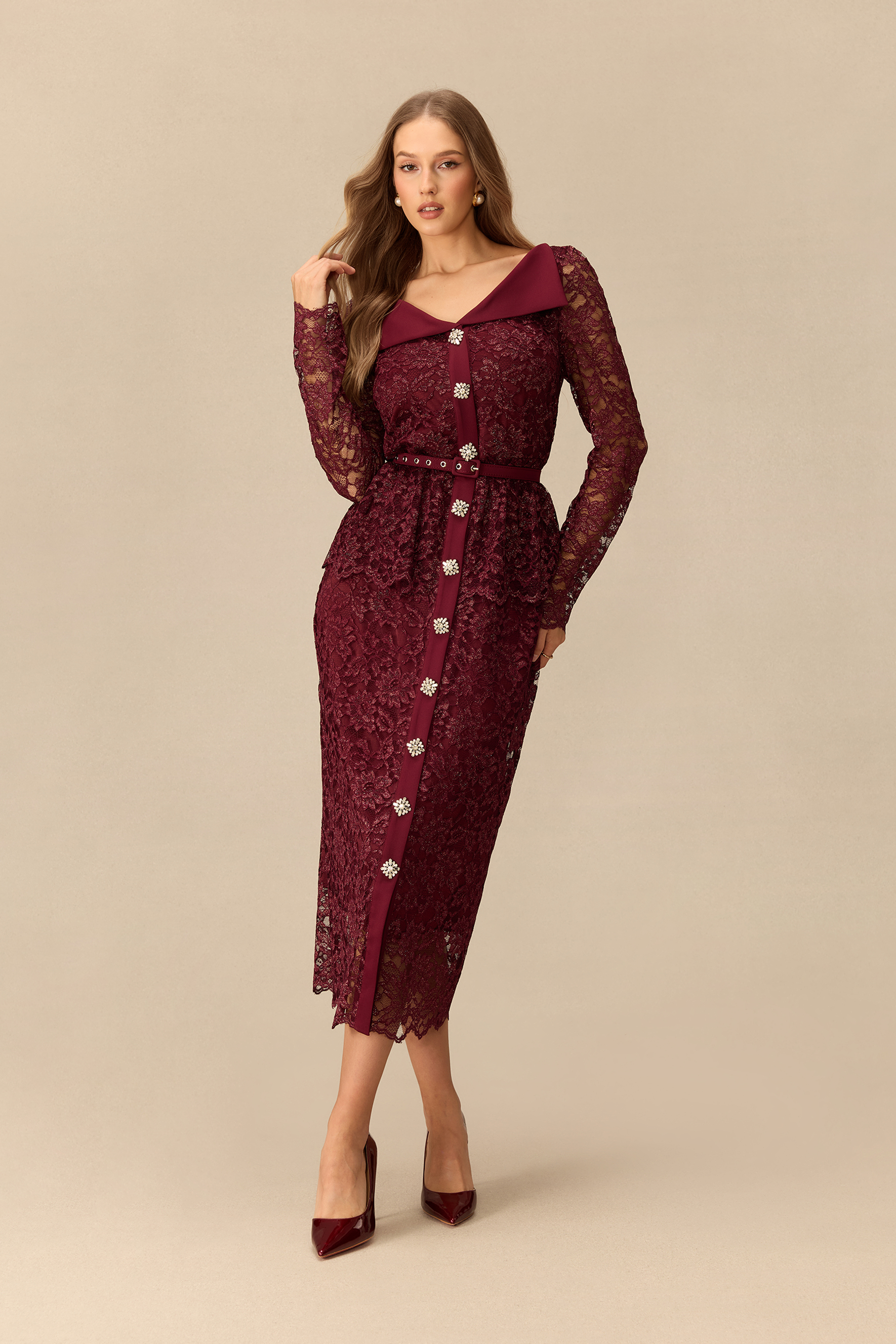 Timeless Appeal Floral Lace V Neck Midi Dress