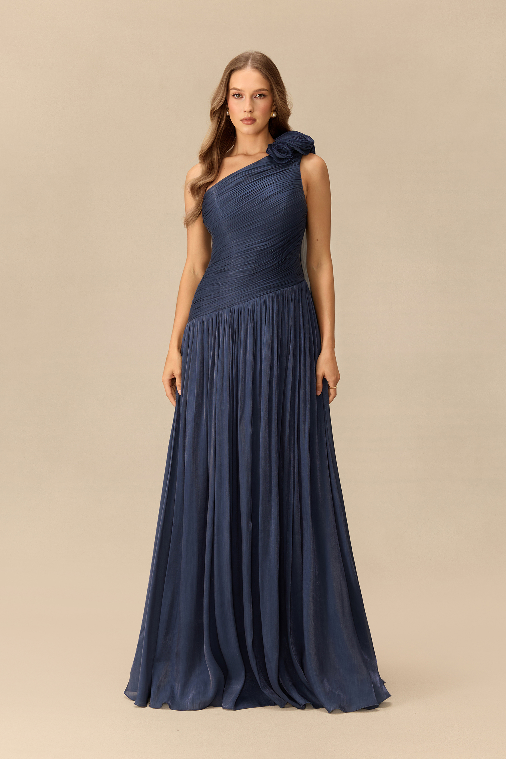 Moments To Treasure Floral Applique One Shoulder Maxi Dress