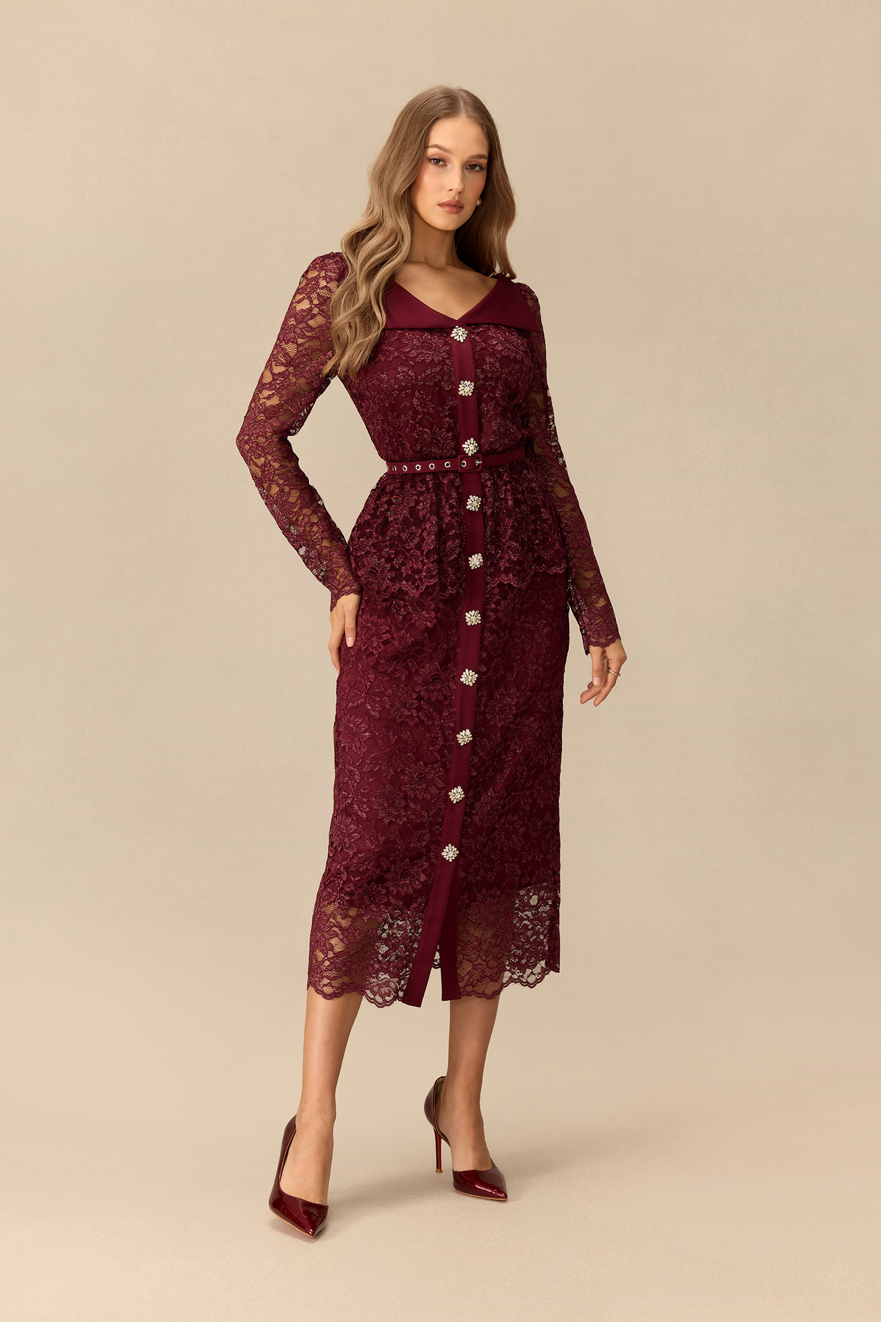 Timeless Appeal Floral Lace V Neck Midi Dress