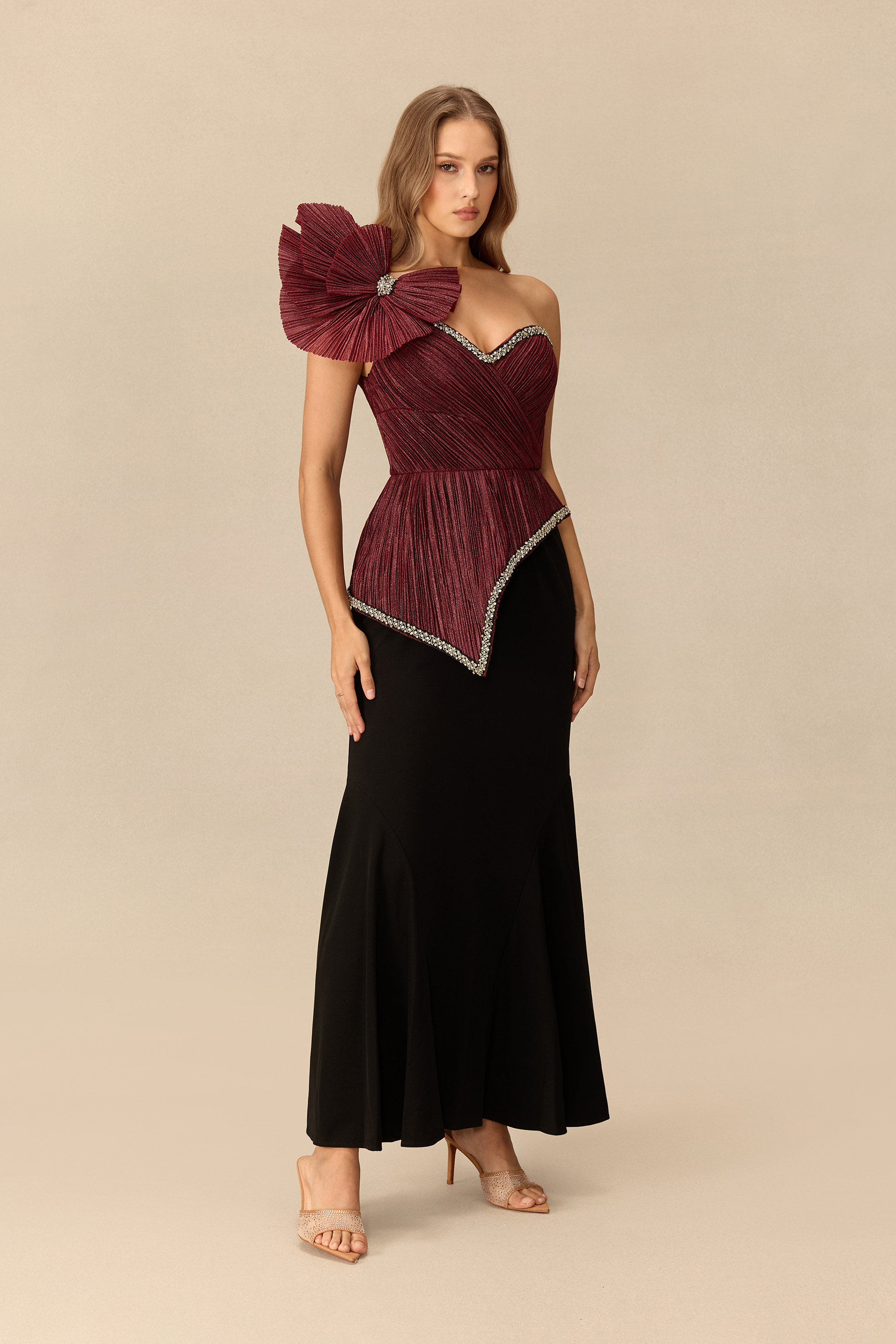 Unusual Muse Pleated Bow Embellished Mermaid Maxi Dress