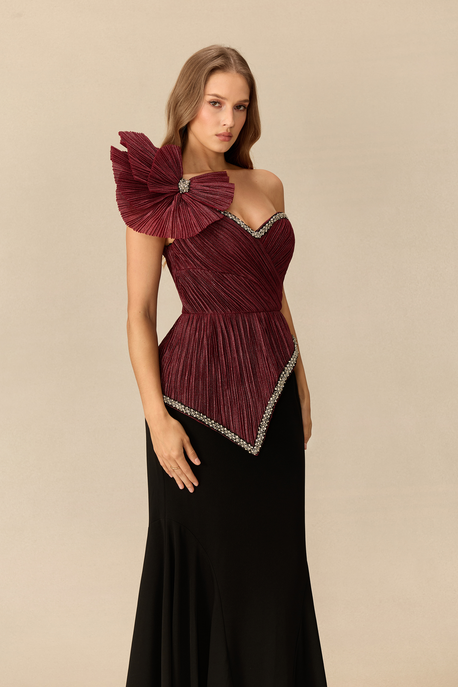 Unusual Muse Pleated Bow Embellished Mermaid Maxi Dress