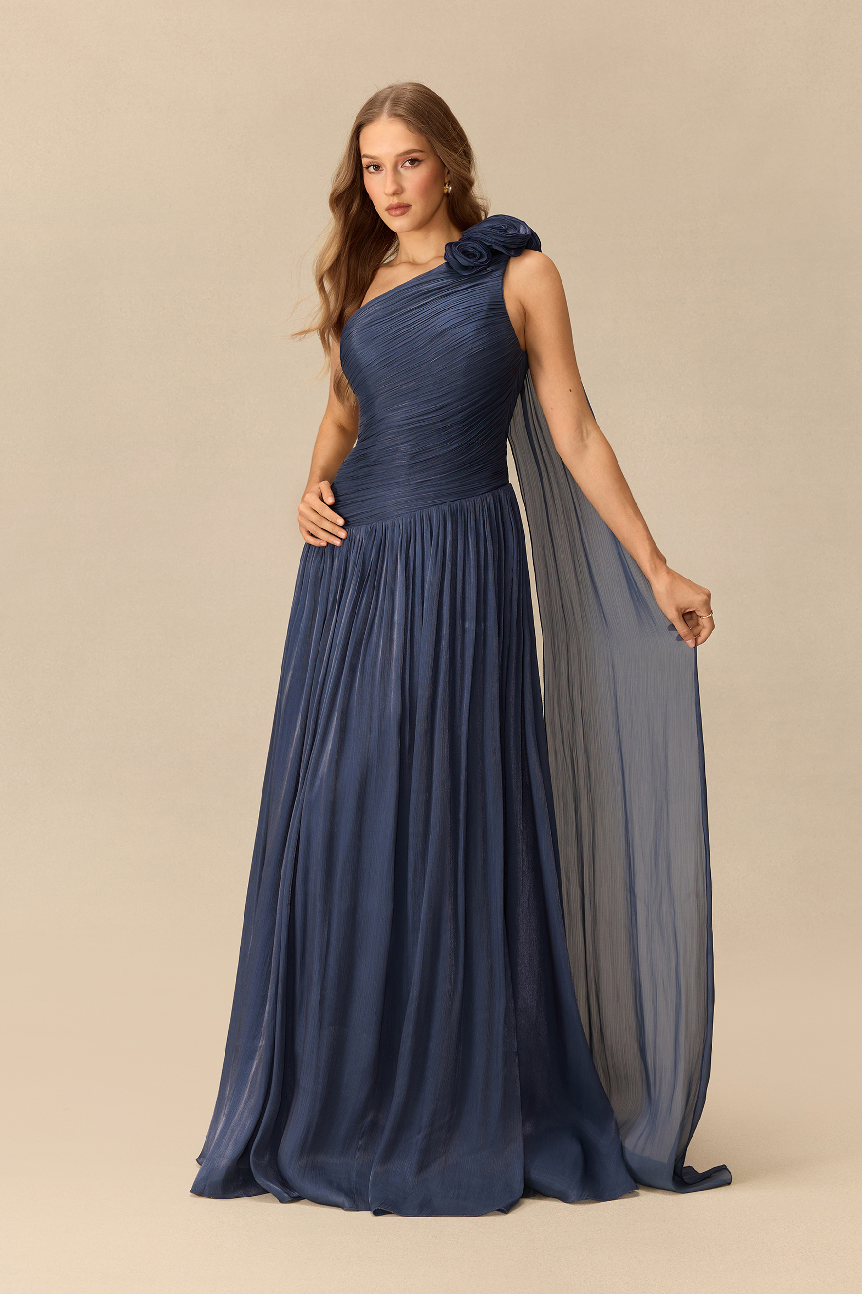 Moments To Treasure Floral Applique One Shoulder Maxi Dress