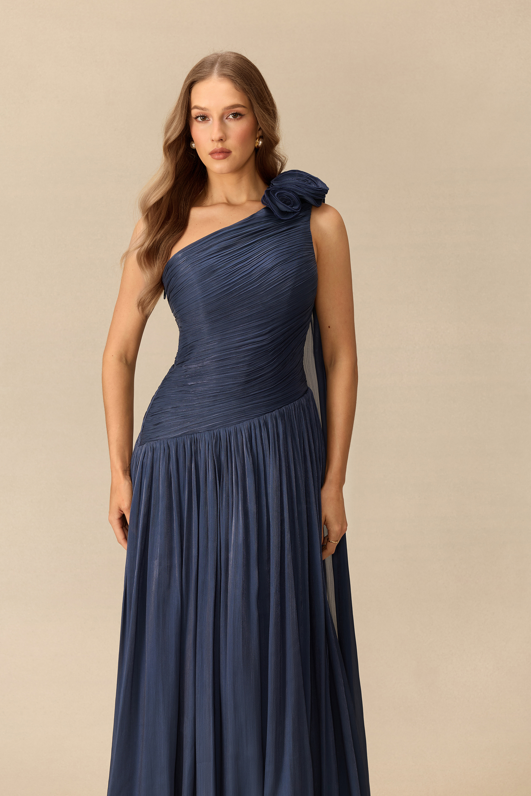 Moments To Treasure Floral Applique One Shoulder Maxi Dress